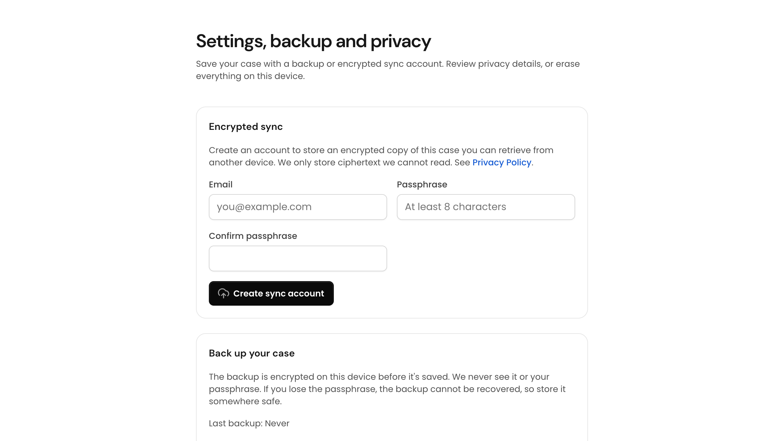 Fair Go settings with privacy and sync options