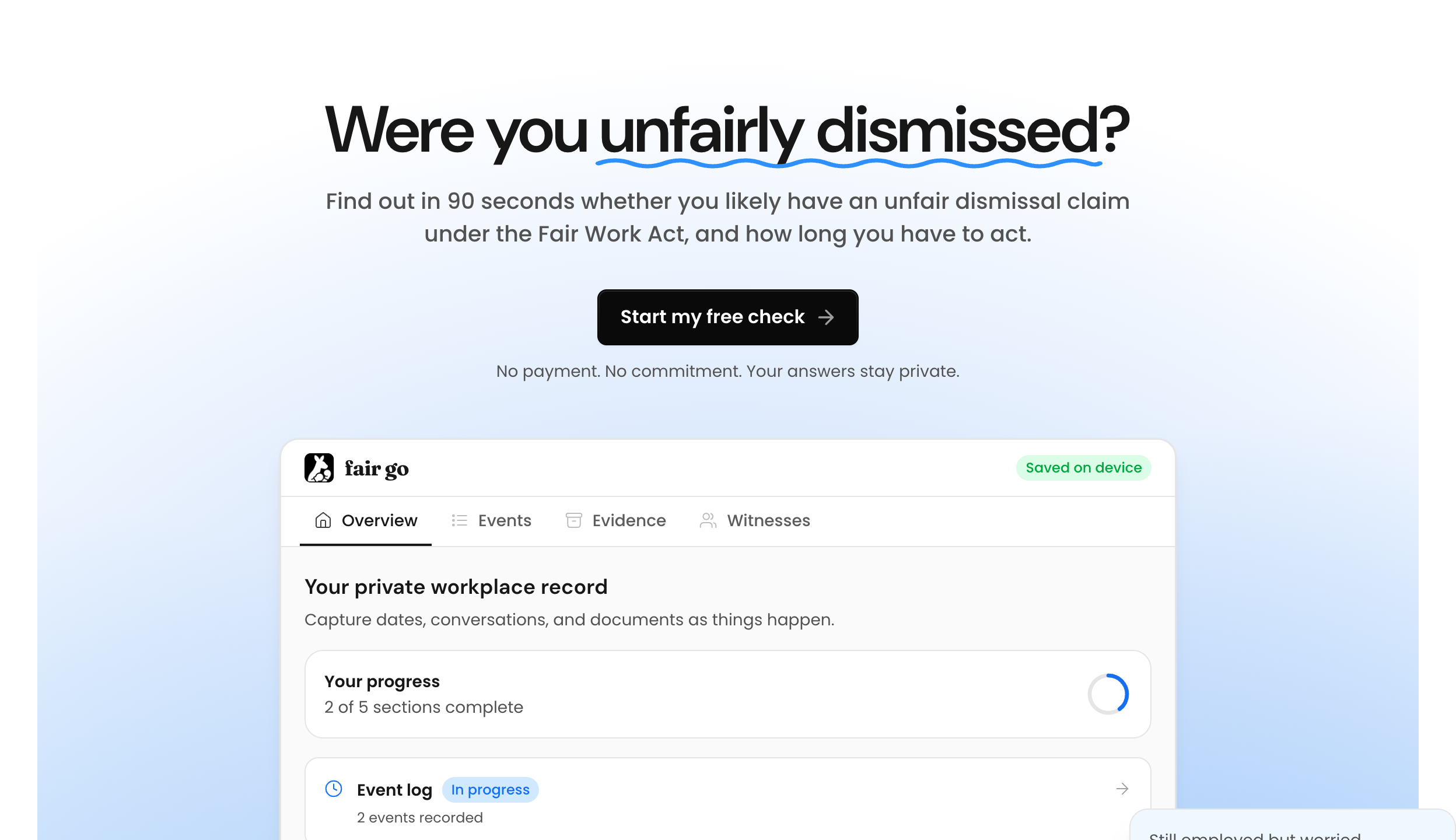 Fair Go home page with the Start free check button